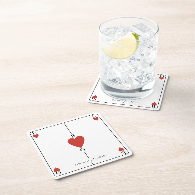 Monogram Hearts Playing Card Wedding  Square Paper Coaster (Insitu)
