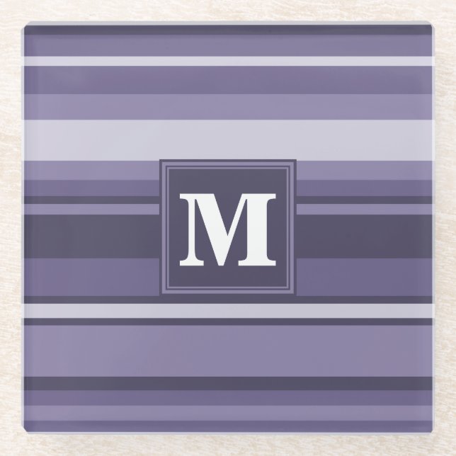 Monogram heather purple stripes glass coaster (Front)