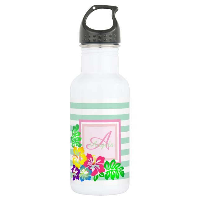 Monogram,Hibiscus  on  Stripes-Personalised 532 Ml Water Bottle (Front)