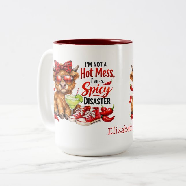 Monogram Highland Cow Hot Mess Funny Humorous  Two-Tone Coffee Mug (Front Left)