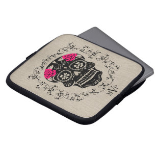 Monogram Hipster Black & Pink Sugar Skull Burlap Laptop Sleeve