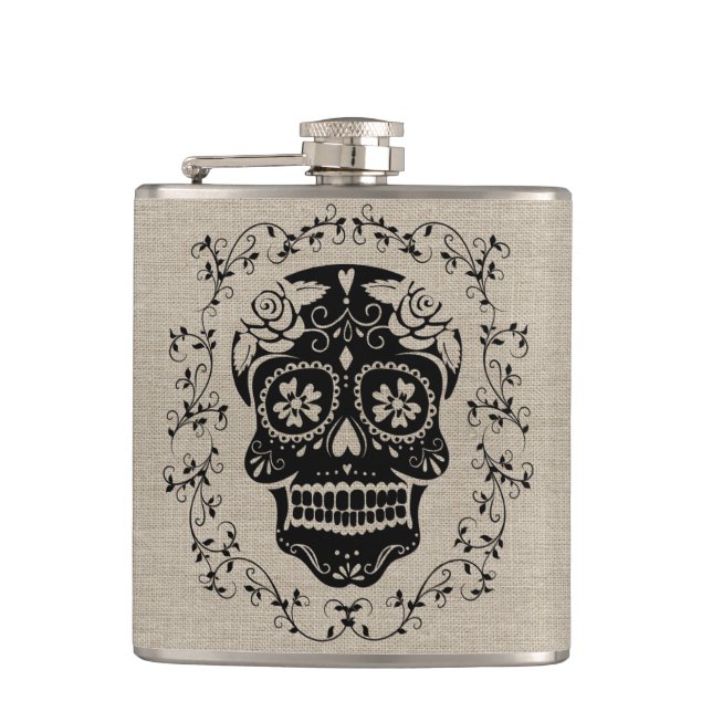 Monogram Hipster Black Sugar Skull on Burlap Hip Flask (Front)