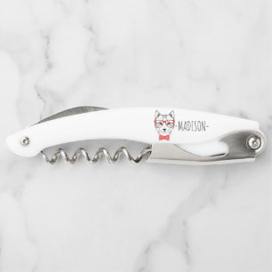 Monogram Hipster Cat with Fancy Red Bow Corkscrew