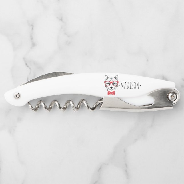 Monogram Hipster Cat with Fancy Red Bow Corkscrew (Back)