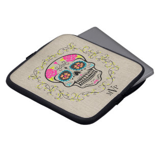 Monogram Hipster Colourful Sugar Skull Burlap Laptop Sleeve