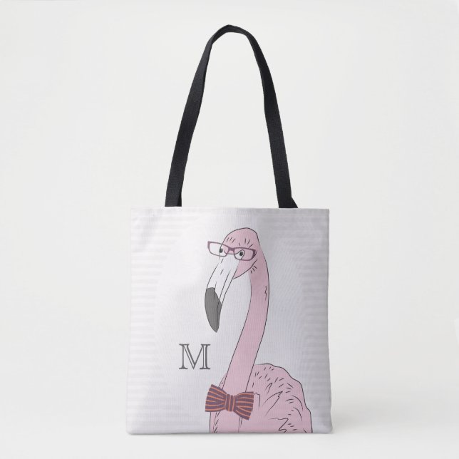 Monogram. Hipster Flamingo with Fancy Bow Tie. Tote Bag (Front)