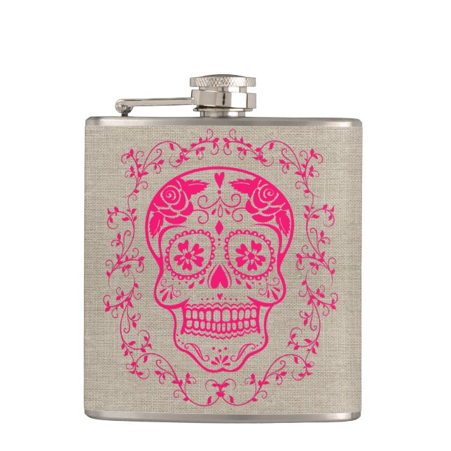 Monogram Hipster Hot Pink Sugar Skull on Burlap Hip Flask (Front)