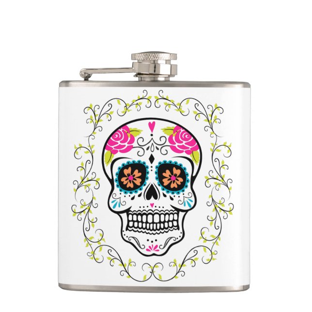 Monogram Hipster Sugar Skull Hip Flask (Front)