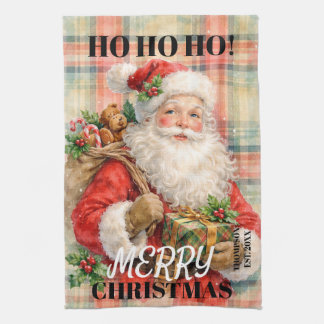 Monogram Ho ho ho Merry Christmas Santa red Tea Towel
