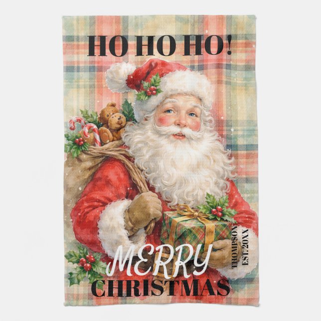 Monogram Ho ho ho Merry Christmas Santa red Tea Towel (Vertical)