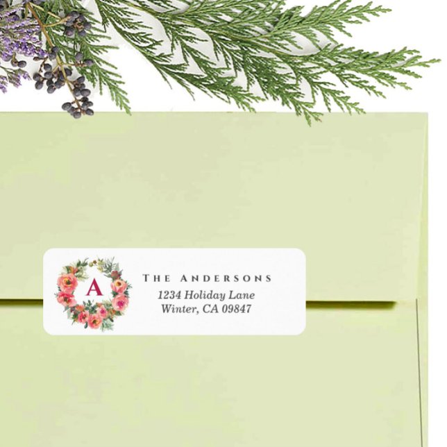 Monogram Holiday Pink Joy Wreath Botanical Label (Creator Uploaded)