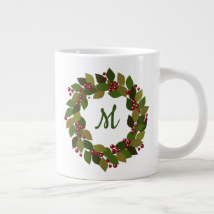 Monogram Holiday Wreath Berries and Leaves Large Coffee Mug