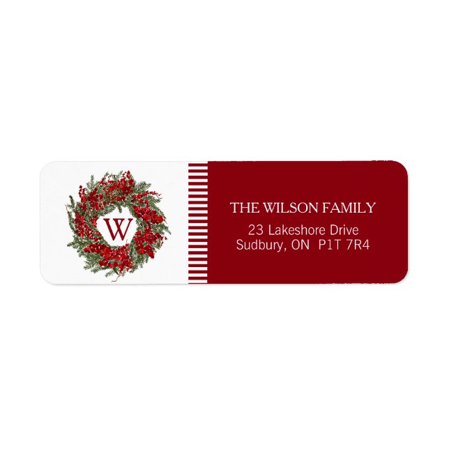 Monogram Holiday Wreath Return Address Labels (Front)