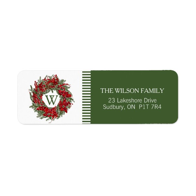 Monogram Holiday Wreath Return Address Labels (Front)