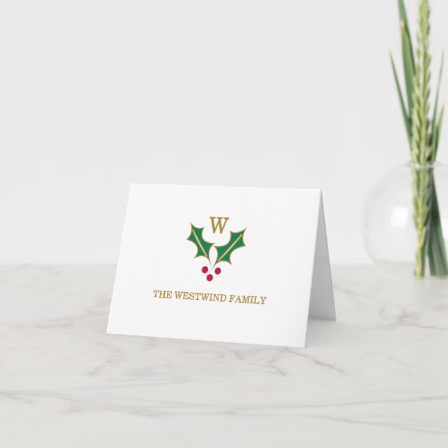 Monogram Holly and Berries Custom Folded Note Card (Front)
