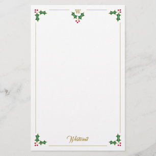 Monogram Holly and Berries Personalised Christmas Stationery