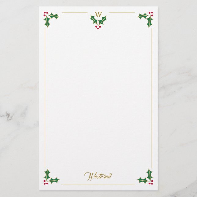 Monogram Holly and Berries Personalised Christmas Stationery (Front)