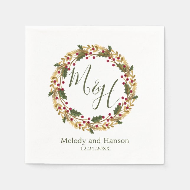Monogram Holly and golden pine wreath Wedding Napkin (Front)