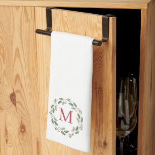 Monogram Holly Berry Christmas Wreath Tea Towel