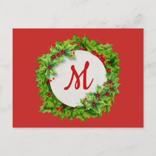 Monogram Holly Berry Wreath Holiday Postcard