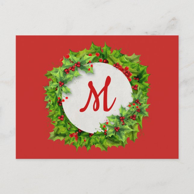 Monogram Holly Berry Wreath Holiday Postcard (Front)