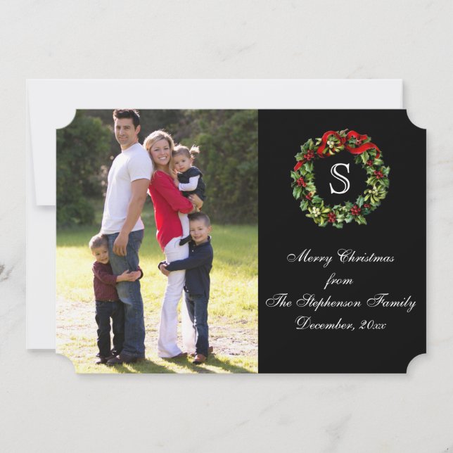 Monogram Holly Wreath Christmas Photo Holiday Card (Front)