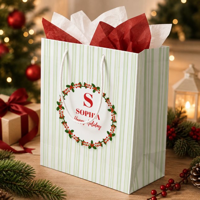 Monogram Holly Wreath holiday Pattern  Medium Gift Bag (Creator Uploaded)