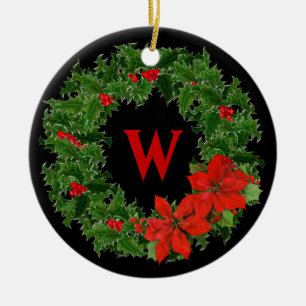 Monogram Holly Wreath on Black - 2 Sided Ceramic Tree Decoration