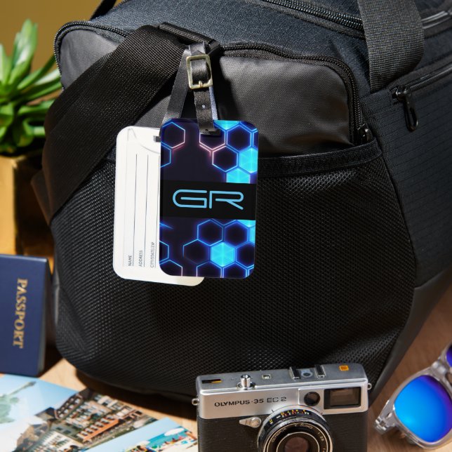 Monogram Holographic Cyberpunk Hexagon Tiles Luggage Tag (Front & Back)