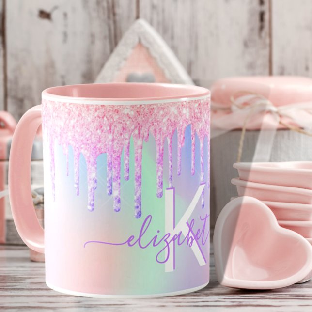 Monogram holographic unicorn glitter rainbow name mug (Creator Uploaded)