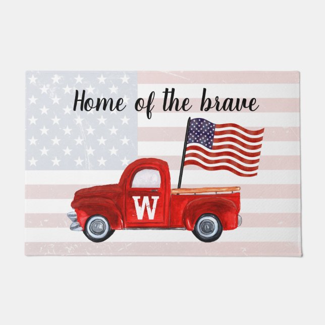 Monogram Home of the Brave American Flag Red Truck Doormat (Front)