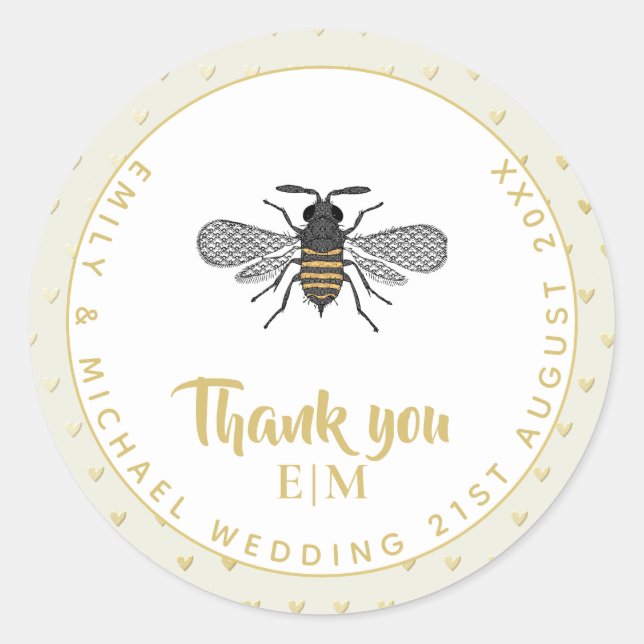 Monogram Honey BEE Wedding Favour Gift Elegant Classic Round Sticker (Front)
