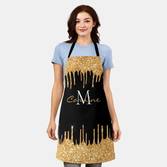 Monogram Honey Gold Glitter Drip Black Name Apron (Worn)