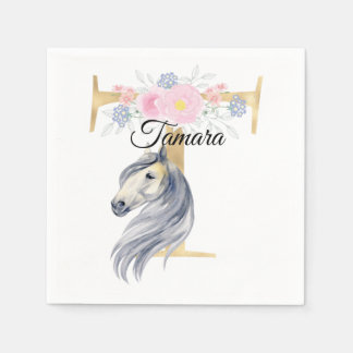 Monogram horse add name customizeable girly floral napkin