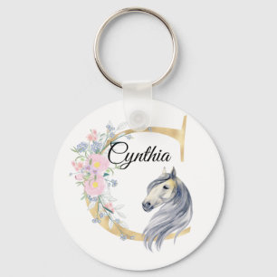 Monogram horse cute floral girly equestrian name key ring