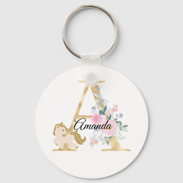 Monogram horse cute floral girly equestrian name   key ring (Front)