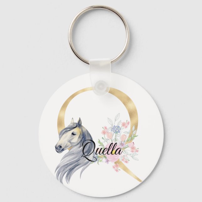 Monogram horse cute floral girly equestrian name   key ring (Front)
