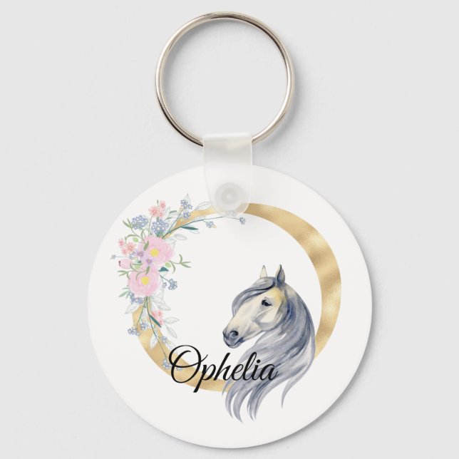 Monogram horse cute floral girly equestrian name   key ring (Front)