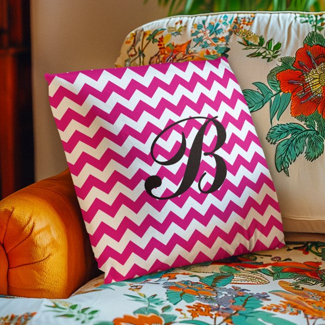 Monogram Hot Pink and White Chevron Cushion (Monogram Hot Pink and White Chevron Throw Pillow)
