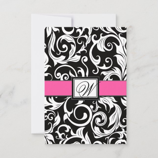 Monogram Hot Pink Black Damask Wedding RSVP Cards (Front)