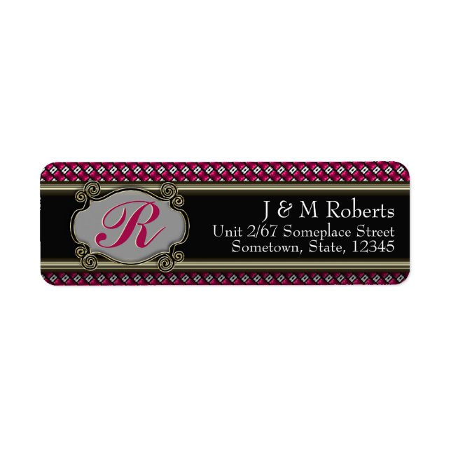 Monogram Hot Pink Black Gold Stylish Address Label (Front)