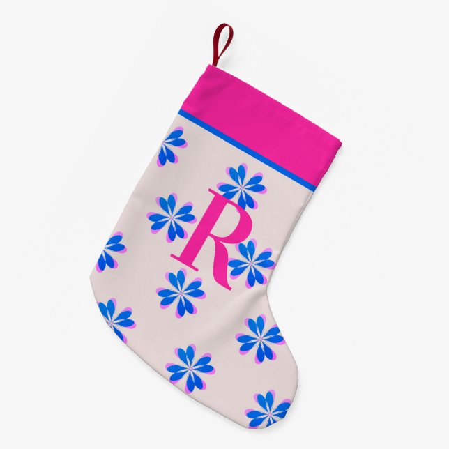 Monogram Hot Pink Blue Retro Flower Christmas Small Christmas Stocking (Front (Hanging))