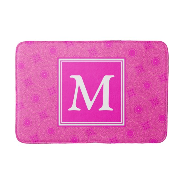 Monogram hot pink circles pattern bath mat (Front)