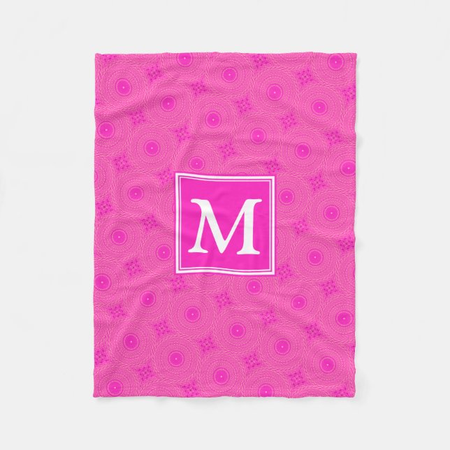 Monogram hot pink circles pattern fleece blanket (Front)