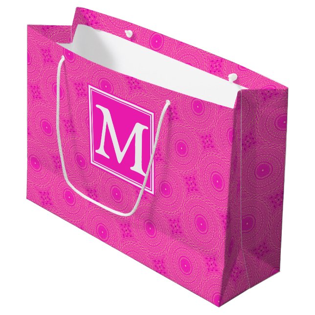 Monogram hot pink circles pattern large gift bag (Front Angled)
