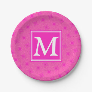 Monogram hot pink circles pattern paper plate