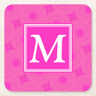 Monogram hot pink circles pattern square paper coaster