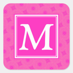 Monogram hot pink circles pattern square sticker