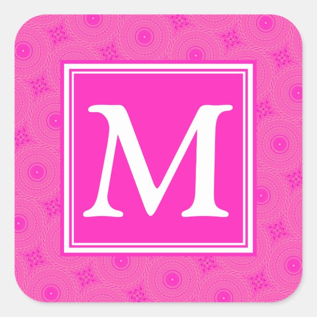 Monogram hot pink circles pattern square sticker (Front)