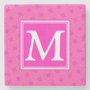 Monogram hot pink circles pattern stone coaster